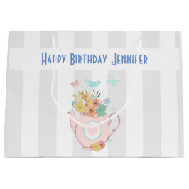 Grand Sac Cadeau Teapot rose avec Fleurs et Papillons Anniversaire