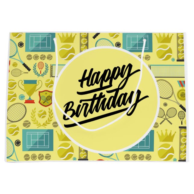 Grand Sac Cadeau Tennis Joyeux Anniversaire avec balle et raquette  (Devant)