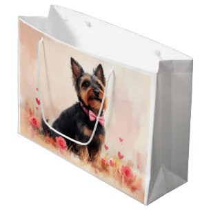 Grand Sac Cadeau Terrier Australien avec des Roses - Saint-Valentin