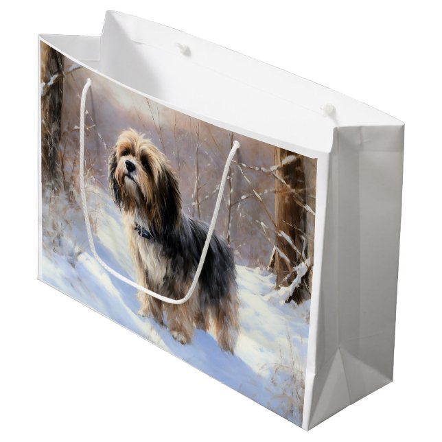 Grand Sac Cadeau Terrier Tibétain Laissons Il Neige Noël (Devant Angle)