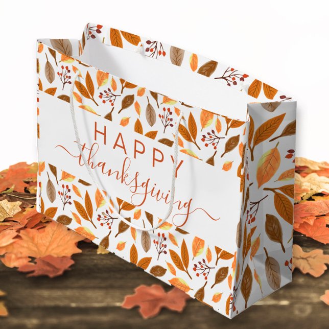 Grand Sac Cadeau Thanksgiving Gift Bag – Grateful with Fall Leaves  (Créateur téléchargé)