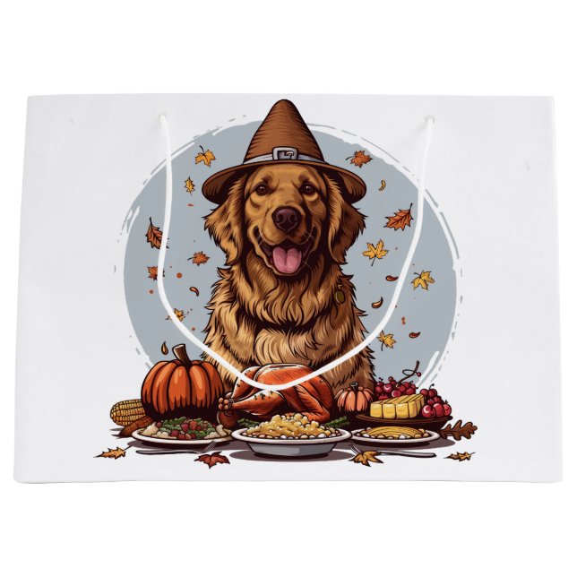 Grand Sac Cadeau Thanksgiving Golden Retriever Chien (Devant)