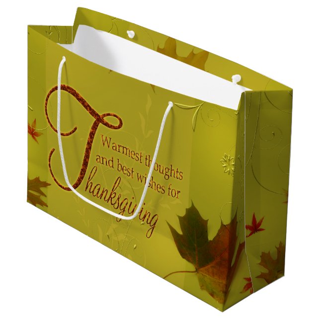 Grand Sac Cadeau Thanksgiving veut typographie Feuilles (Devant Angle)