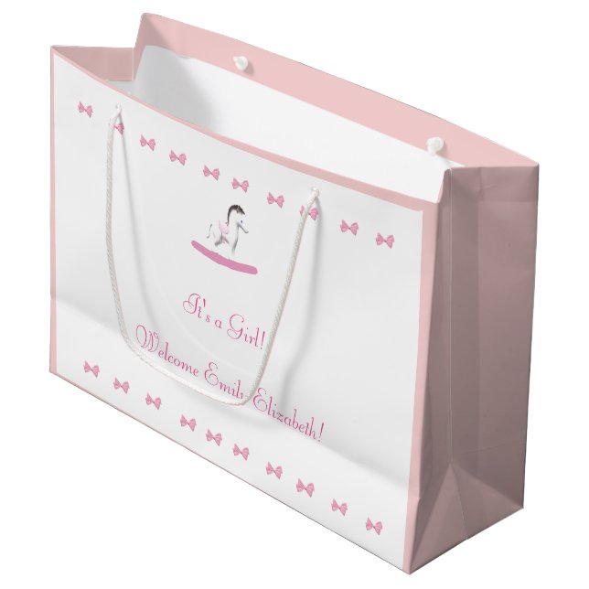 Grand Sac Cadeau Thème Cheval Rosé et Blanc (Devant Angle)