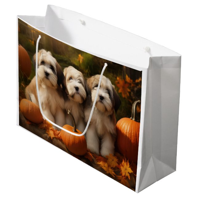 Grand Sac Cadeau Tibétain Terrier Chiot Automne Citrouille délice (Devant Angle)