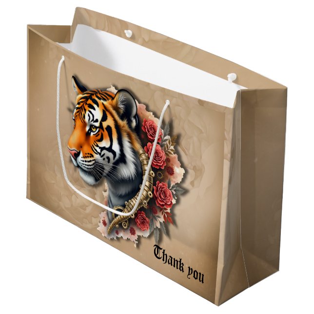 Grand Sac Cadeau Tigre de Steampunk avec illustration Rose. (Devant Angle)