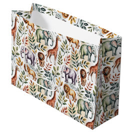Grand Sac Cadeau Tissu à motifs représentant des éléphants, des gir