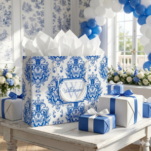 Grand Sac Cadeau Toile de Jouy Bleue Française Motif Nom Monogramme