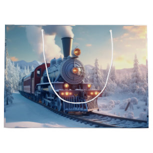 Grand Sac Cadeau Train à vapeur vintage Hiver Montagnes neigeuses