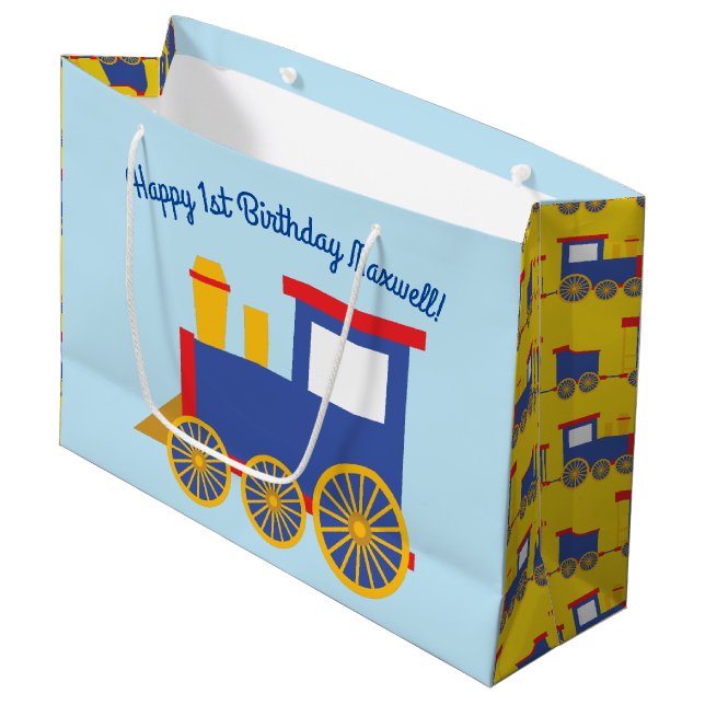 Grand Sac Cadeau Train Cute Choo-Choo 1er Anniversaire Thème (Devant Angle)