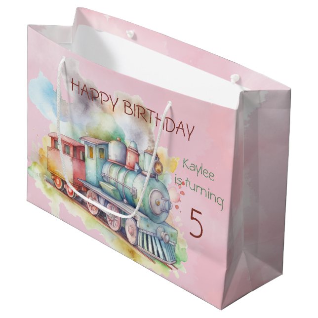 Grand Sac Cadeau Train Engine Girl 5th. Anniversaire (Devant Angle)