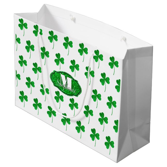 Grand Sac Cadeau Trèfles Monogrammes Verts Étincelants Saint Patric (Dos Angle)