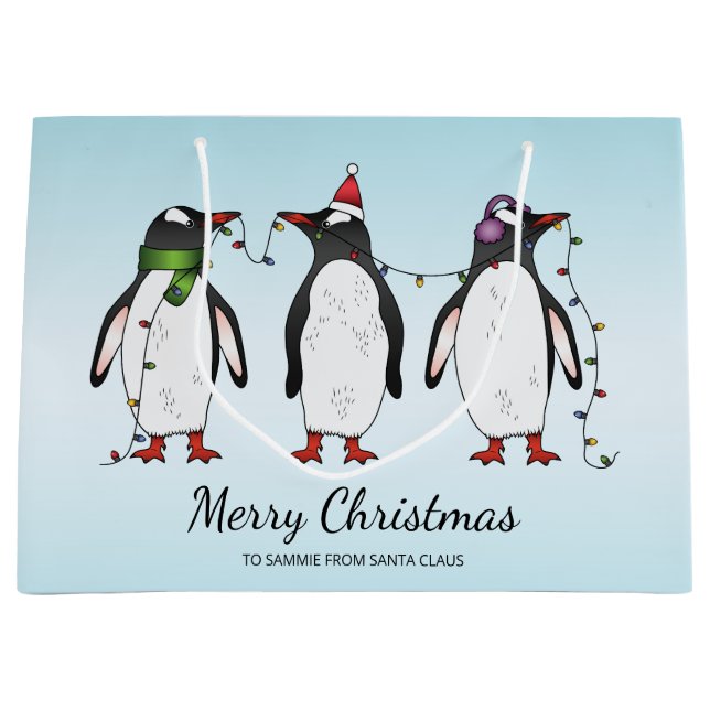 Grand Sac Cadeau Trois Pingouins Festifs De Noël Avec Texte Personn (Devant)