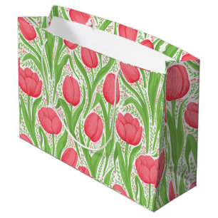 Grand Sac Cadeau Tulipes en rouge et vert