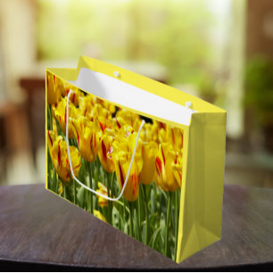 Grand Sac Cadeau Tulipes Jaunes aux rayures rouges Florales
