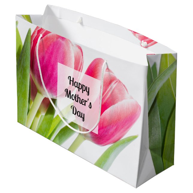 Grand Sac Cadeau Tulipes roses avec Feuilles verts Photo Fête des m (Dos Angle)