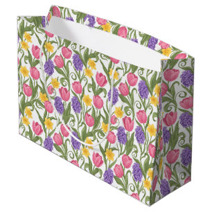 Grand Sac Cadeau Tulipes roses, jonquilles jaunes, jacinthes violet