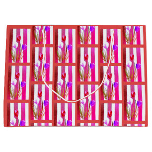 GRAND SAC CADEAU TULIPES ROUGES, ROSES ET VIOLETTES
