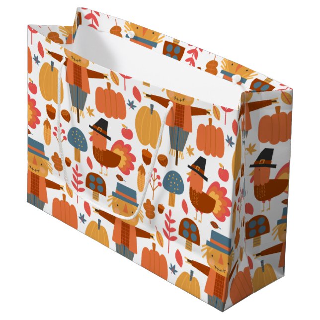 Grand Sac Cadeau Turquie et Scarecrow Thanksgiving Motif (Devant Angle)