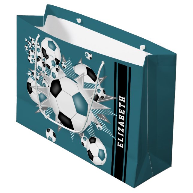 Grand Sac Cadeau turquoise ballon de football noir souffle personna (Devant Angle)