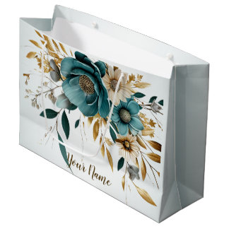 Grand Sac Cadeau Turquoise Fleur Blanche Feuilles Dorées Élégant