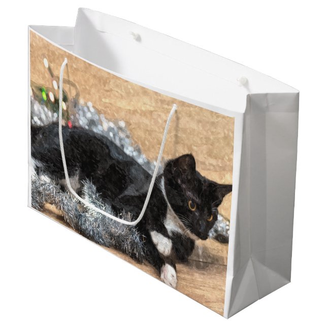 Grand Sac Cadeau Tuxedo Kitten Tinsel et lumières peint (Devant Angle)