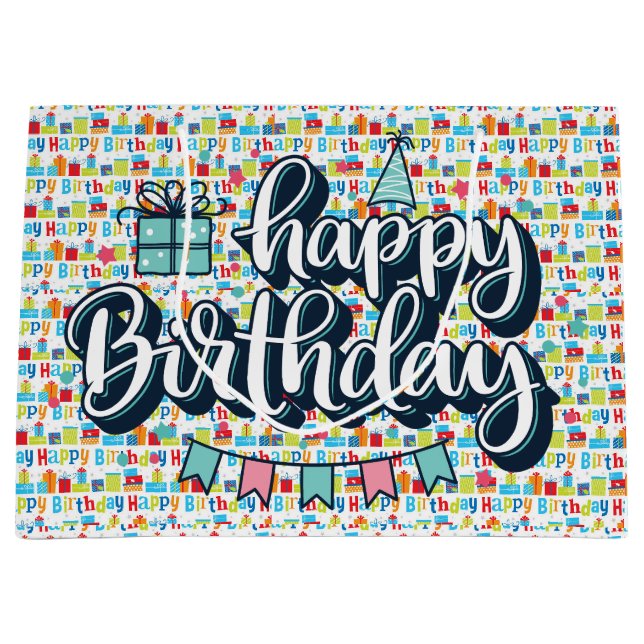Grand Sac Cadeau Typographie Joyeux Anniversaire  (Devant)