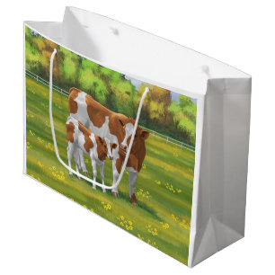Grand Sac Cadeau Vache de Guernesey et veau mignon dans les pâturag