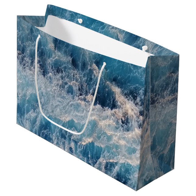 Grand Sac Cadeau Vagues bleu océan (Devant Angle)
