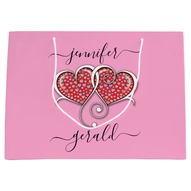 Grand Sac Cadeau Valentine Élégant Coeurs Interverrouillés Design (Devant)