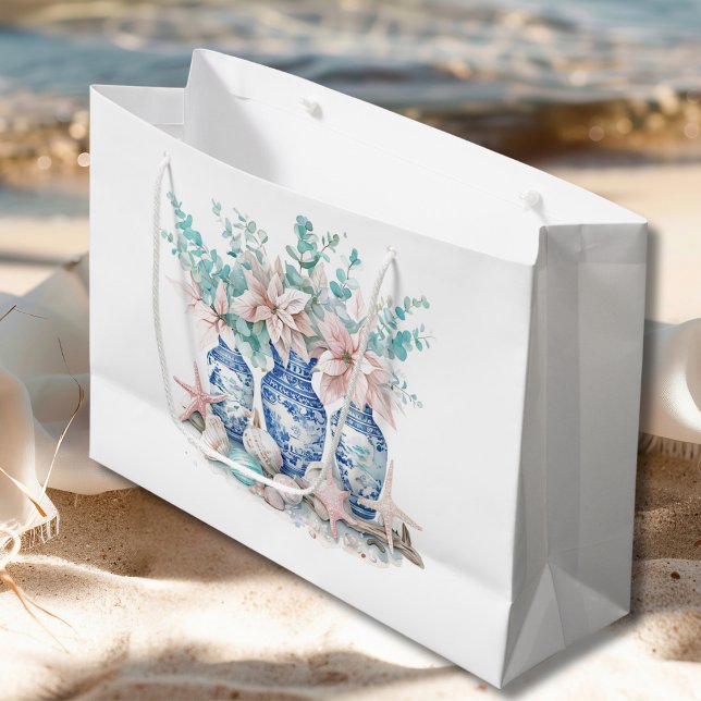 Grand Sac Cadeau Vases Chinoiserie avec Eucalyptus & Poinsettias (Chinoiserie Vases with Eucalyptus & Poinsettias Large Gift Bag)
