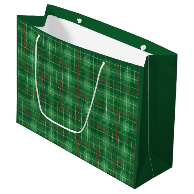 Grand Sac Cadeau Vert de Noël à carreaux (Devant Angle)