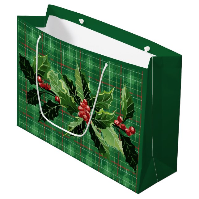 Grand Sac Cadeau Vert de Noël à carreaux avec couronne (Devant Angle)