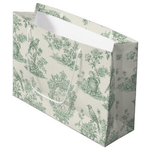 Grand Sac Cadeau Vert menthe Toile motif floral et oiseaux