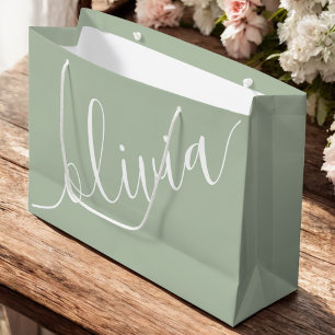 Grand Sac Cadeau Vert Sauge Minimaliste Moderne Monogramme Élégant