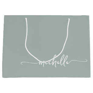 Grand Sac Cadeau Vert Sauge Monogramme Nom Écriture Calligraphie