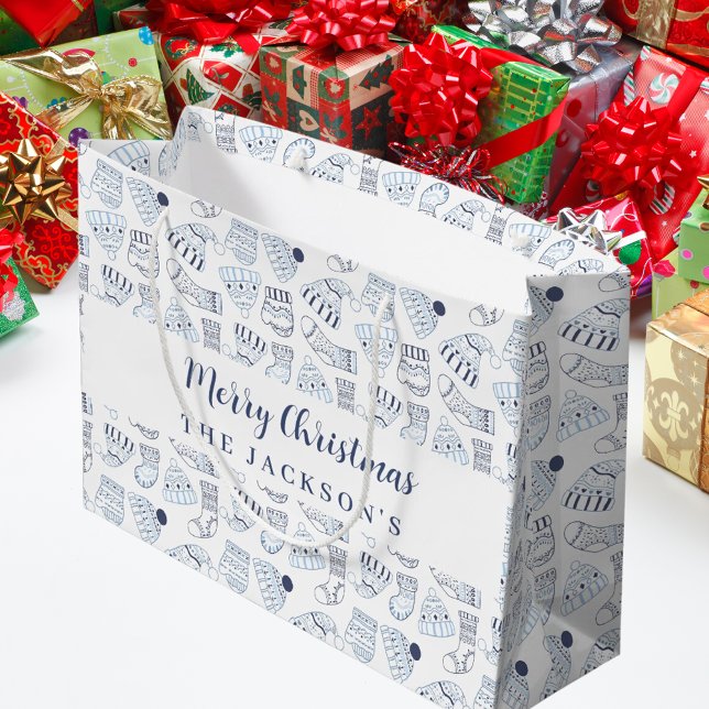 Grand Sac Cadeau Vêtements d'hiver bleu blanc (Créateur téléchargé)