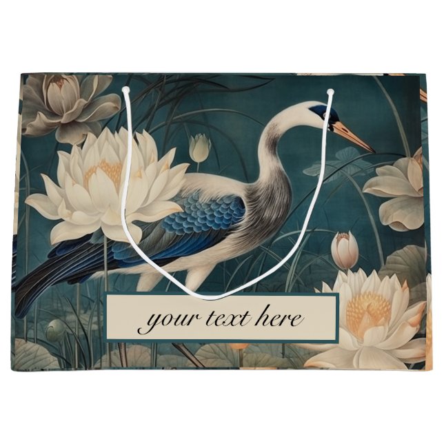 Grand Sac Cadeau Vintage grue bleu botanique personnalisable (Devant)