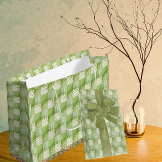 Grand Sac Cadeau Vintage Look Green Yellow Ecru Patchwork 