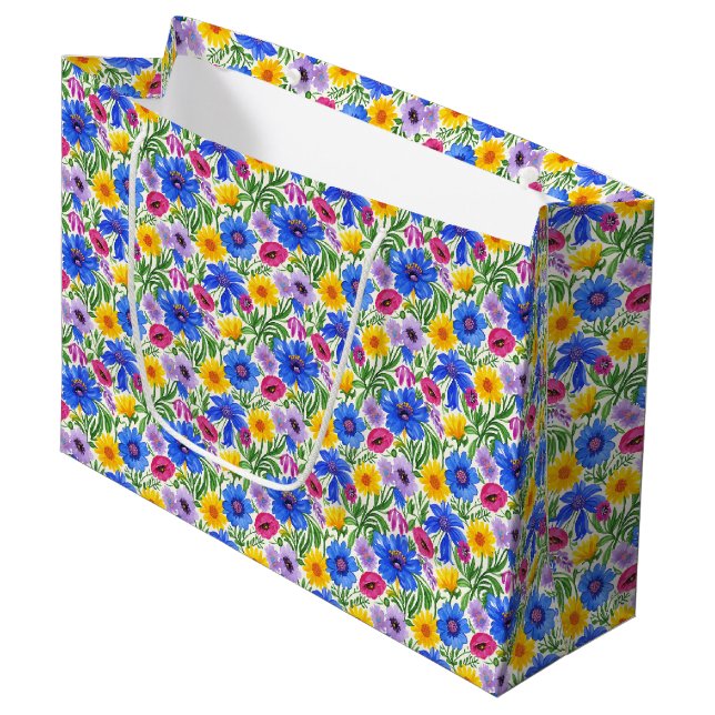 Grand Sac Cadeau Vivid Blue Yellow Red Purple Flowers Pattern (Devant Angle)