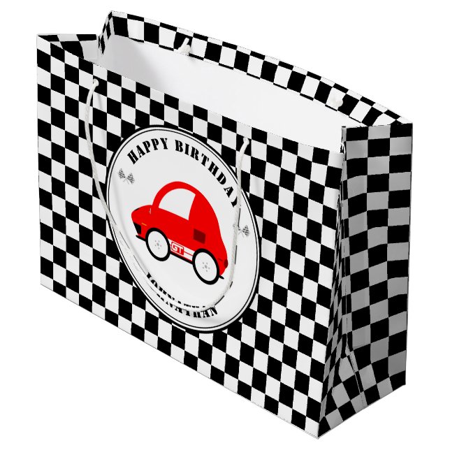 Grand Sac Cadeau Voiture rouge et noire À damiers Anniversaire (Dos Angle)