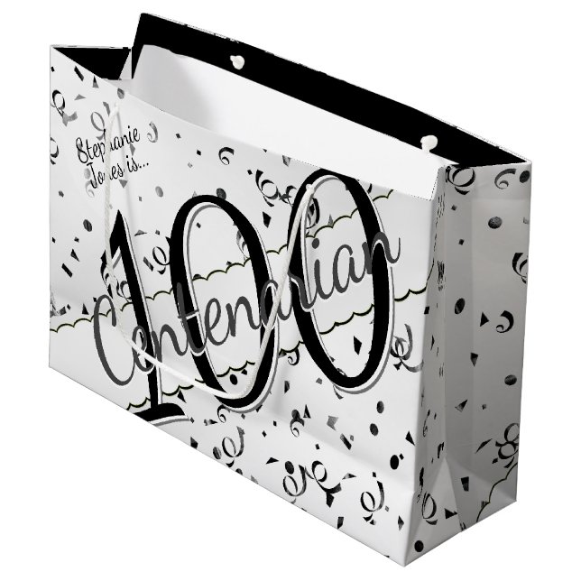 Grand Sac Cadeau Votre nom - 100 ans Centenaire Noir/Blanc (Devant Angle)