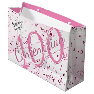 Grand Sac Cadeau Votre nom - 100 ans Centenaire rose/blanc