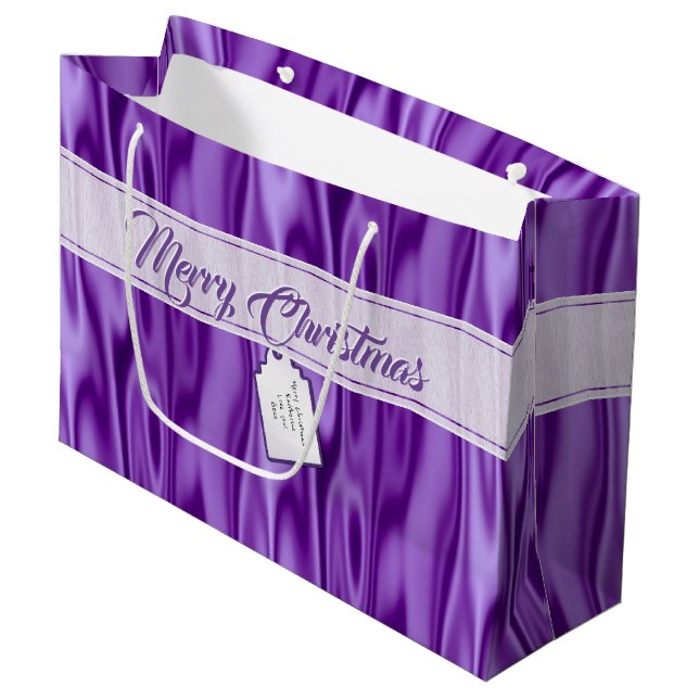 Grand Sac Cadeau Votre texte | Élégant Noël violet Faux Satin (Devant Angle)