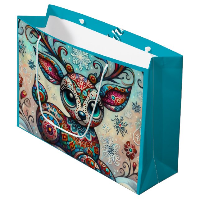 Grand Sac Cadeau Whimsical Big Eyes Christmas Reindeer Folk Art (Devant Angle)