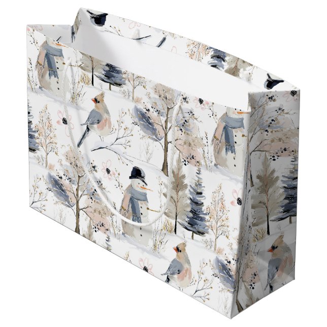 Grand Sac Cadeau Winter Wonderland Snowman et Bird Motif (Dos Angle)