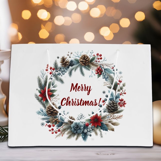 Grand Sac Cadeau Wreath de cônes de pin floral d'hiver (Créateur téléchargé)