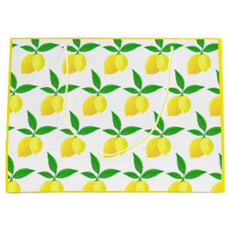 Grand Sac Cadeau Yellow Lemons Green Leaves White Background