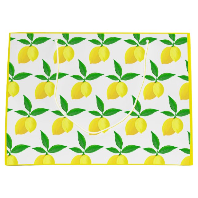 Grand Sac Cadeau Yellow Lemons Green Leaves White Background (Devant)