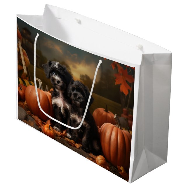 Grand Sac Cadeau Yorkipoo Chiot Automne Citrouille délice (Devant Angle)
